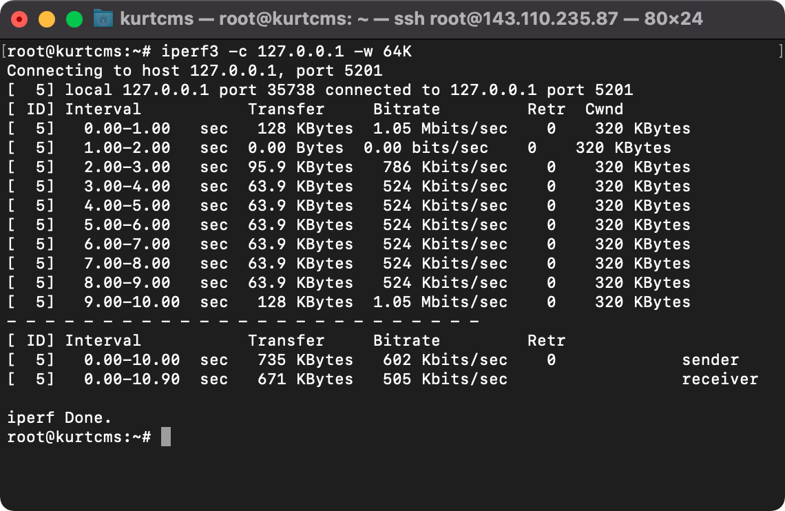 Throughput of around 0.55 Mbps in a single direction which is in line with the theoretical maximum throughput of 0.58 Mbps given the RTT and TCP RWND (64 KB x 8 bits / 0.9 second)