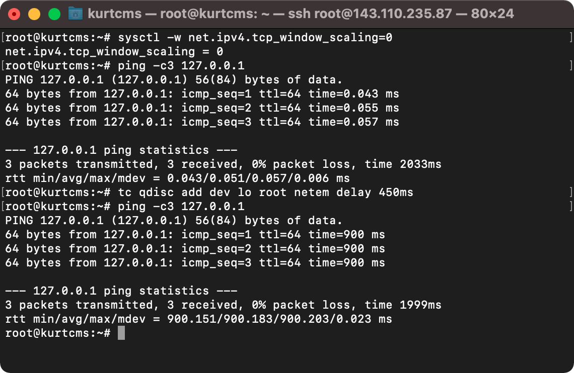 TCP window scaling disabled with sysctl and traffic control with tc on the loopback interface for a RTT of 900ms