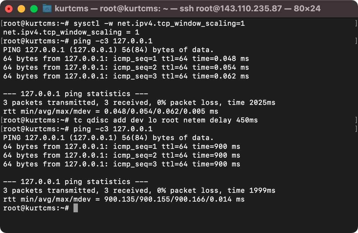 TCP window scaling enabled with sysctl and traffic control with tc on the loopback interface for a RTT of 900ms