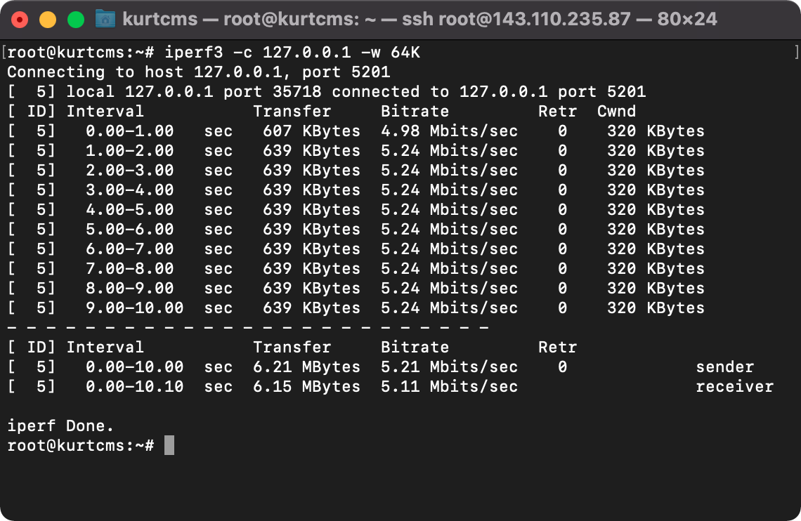 Throughput of around 5.16 Mbps in a single direction which is in line with the theoretical maximum throughput of 5.24 Mbps given the RTT and TCP RWND (64 KB x 8 bits / 0.1 second)