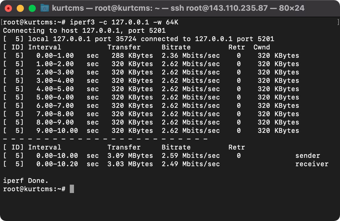 Throughput of around 2.55 Mbps in a single direction which is in line with the theoretical maximum throughput of 2.62 Mbps given the RTT and TCP RWND (64 KB x 8 bits / 0.2 second)