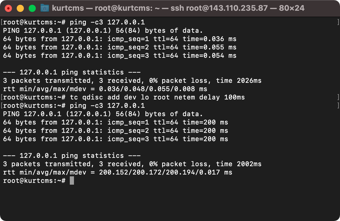 Traffic control with tc on the loopback interface for a RTT of 200ms
